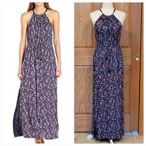 Lucky Brand Party Paisley Maxi Dress Halter Neckline Side Slit Jersey Knit